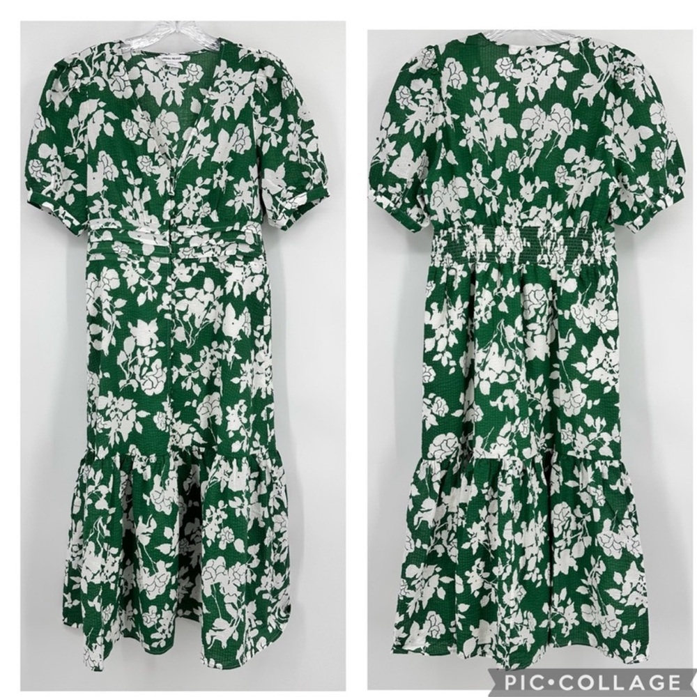 Urban Revivo Floral Print Midi Dress Tiered Peplum Hem Cotton Green White Size 6